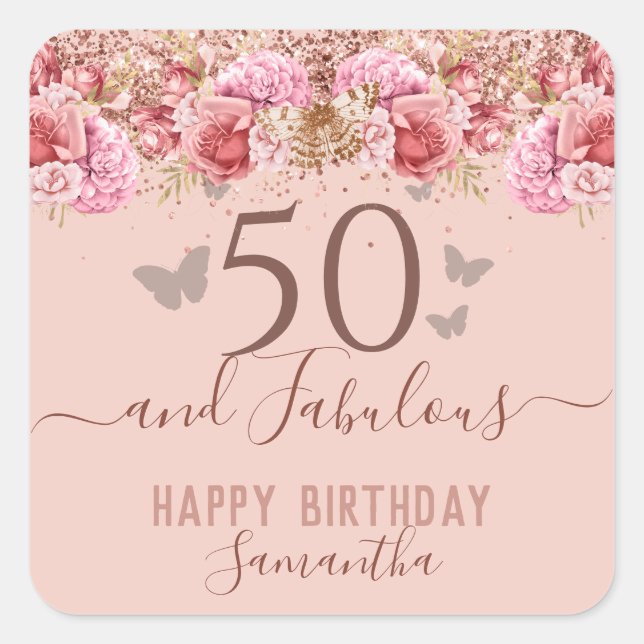 Floral Butterflies Pink Happy 50th Birthday Square Sticker (Front)