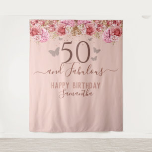 Floral Butterflies Pink Happy 50th Birthday Tapestry