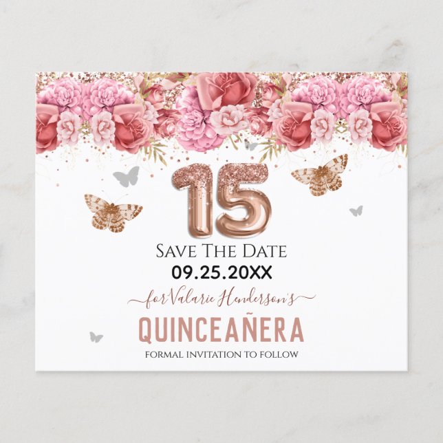 Floral Butterflies Pink Quinceañera Save the Date (Front)