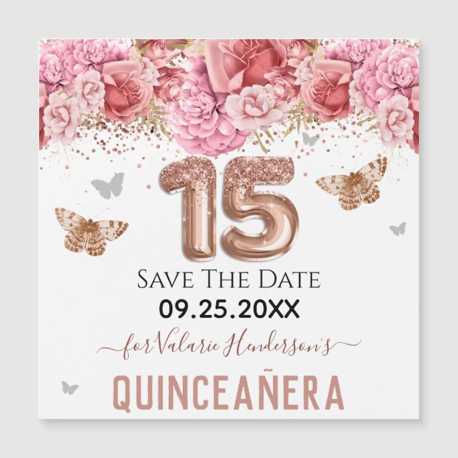 Floral Butterflies Pink Quinceañera Save the Date  (Front)