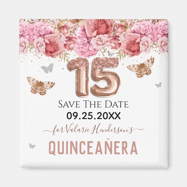 Floral Butterflies Pink Quinceañera Save the Date Magnet (Front)
