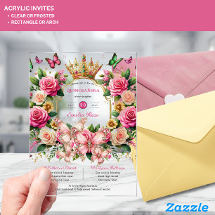 Floral Butterflies QUINCEANERA Tiara Pink Roses Acrylic Invitations