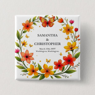 Floral Butterflies Wreath Wedding Custom Text 15 Cm Square Badge