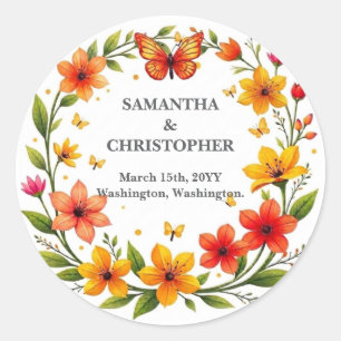Floral Butterflies Wreath Wedding Custom Text Classic Round Sticker