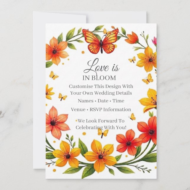 Floral Butterflies Wreath Wedding Custom Text Invitation (Back)