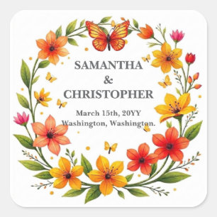 Floral Butterflies Wreath Wedding Custom Text Square Sticker