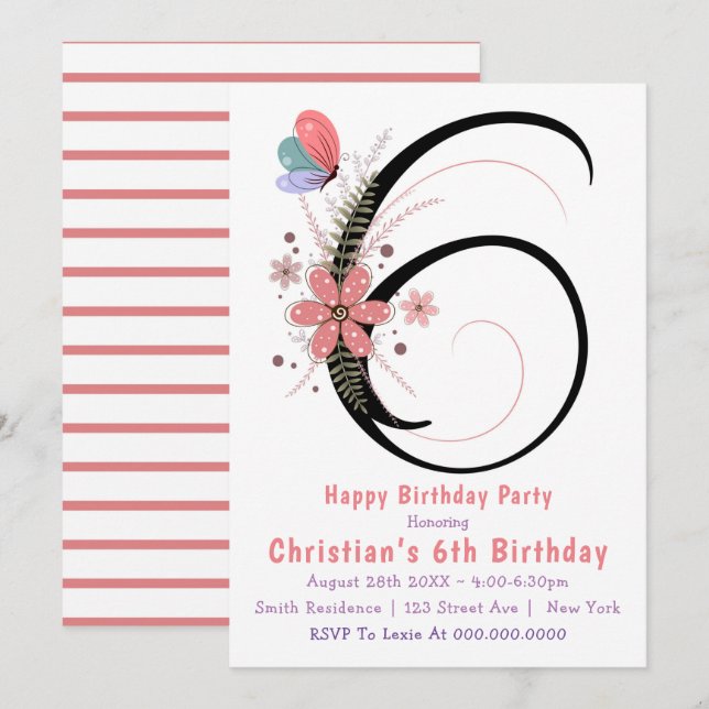 Floral Butterfly 6th Birthday Invitations (Front/Back)
