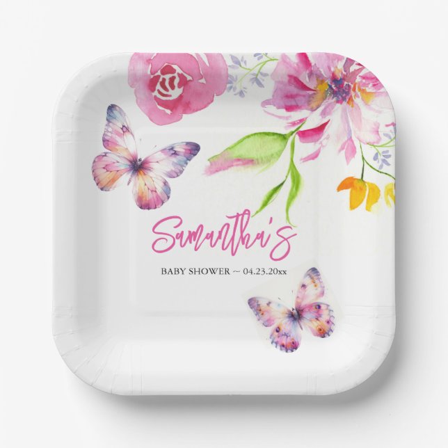 Floral Butterfly Baby Shower Disposable Paper Plate (Front)
