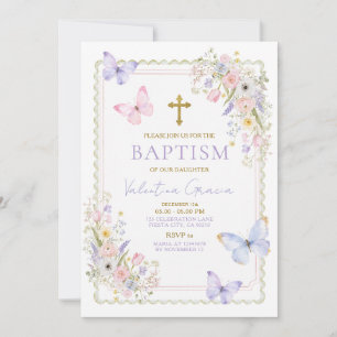 Floral Butterfly Baptism Gold Cross Flowers Invitation