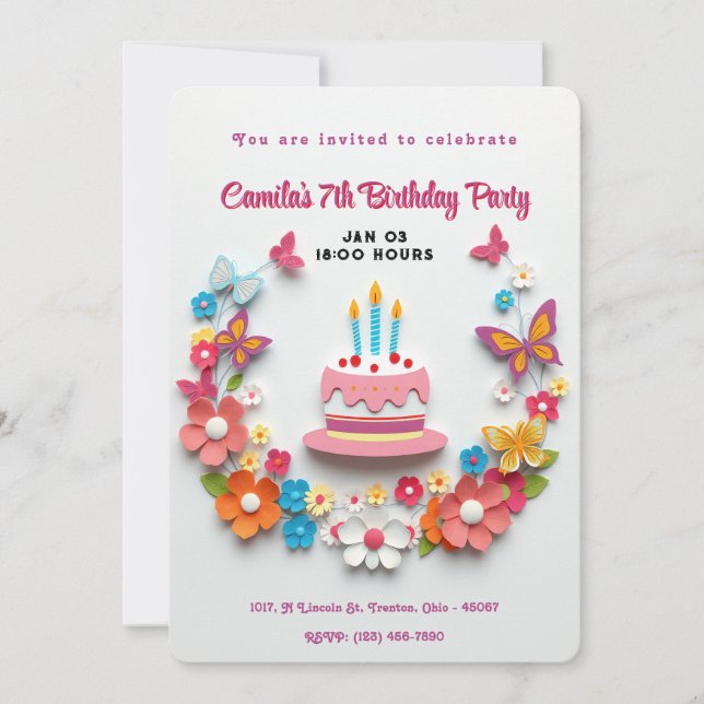 Floral Butterfly Birthday Cake Papercraft Design Invitation (Front)