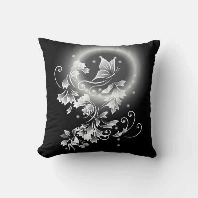 Floral Butterfly Black And White Fantasy Cushion (Front)