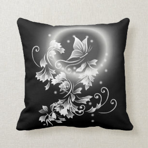 Floral Butterfly Black And White Fantasy Cushion