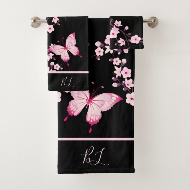 Floral Butterfly Black Pink Monogram Bath Towel Set (Insitu)