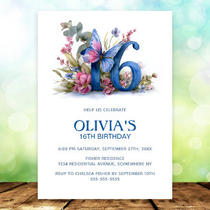 Floral Butterfly Blue Pink 16th Birthday Party Invitation