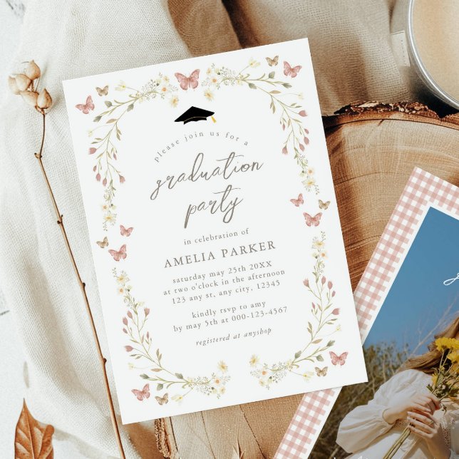 Floral Butterfly Blush Pink Photo Graduation Invitation (Creator Uploaded)