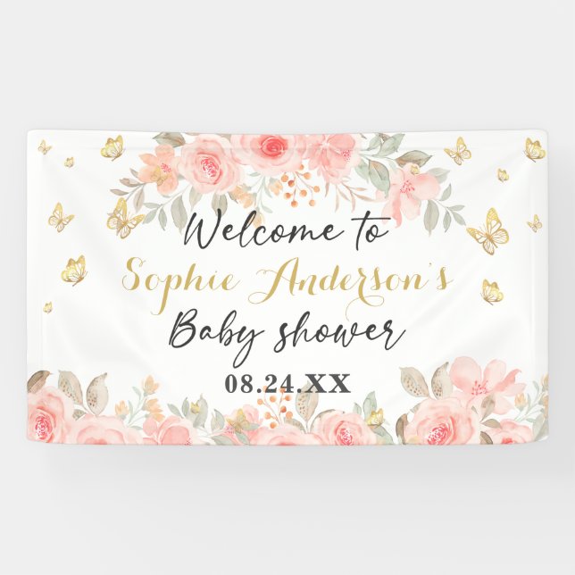 Floral Butterfly Blush Pink Rose Gold Baby Shower  Banner (Horizontal)