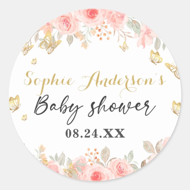 Floral Butterfly Blush Pink Rose Gold Baby Shower  Classic Round Sticker (Front)