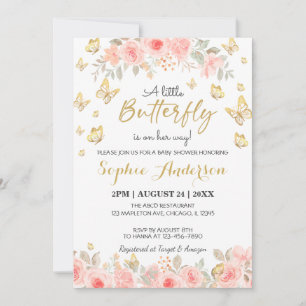 Floral Butterfly Blush Pink Rose Gold Baby Shower Invitation