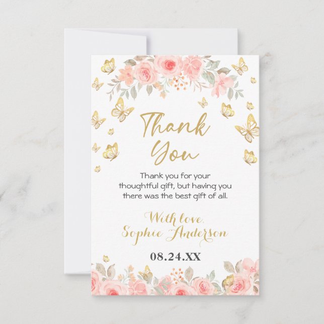 Floral Butterfly Blush Pink Rose Gold Baby Shower Thank You Card (Front)
