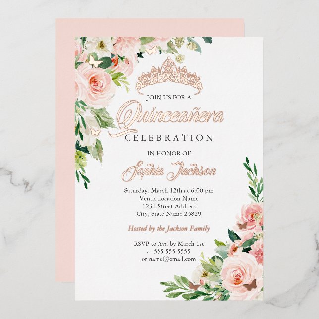 Floral Butterfly Blush Pink Rose Gold Quinceanera  (Front/Back)
