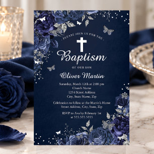 Floral Butterfly Boy Silver Navy Blue Baptism