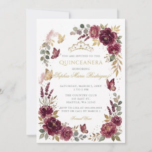 Floral Butterfly Burgundy Gold Tiara Quinceañera Invitation
