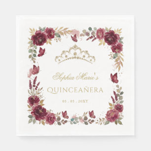 Floral Butterfly Burgundy Gold Tiara Quinceañera Napkin