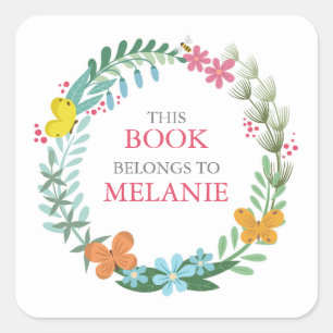 Floral Butterfly Colorful Wreath Bookplate Sticker