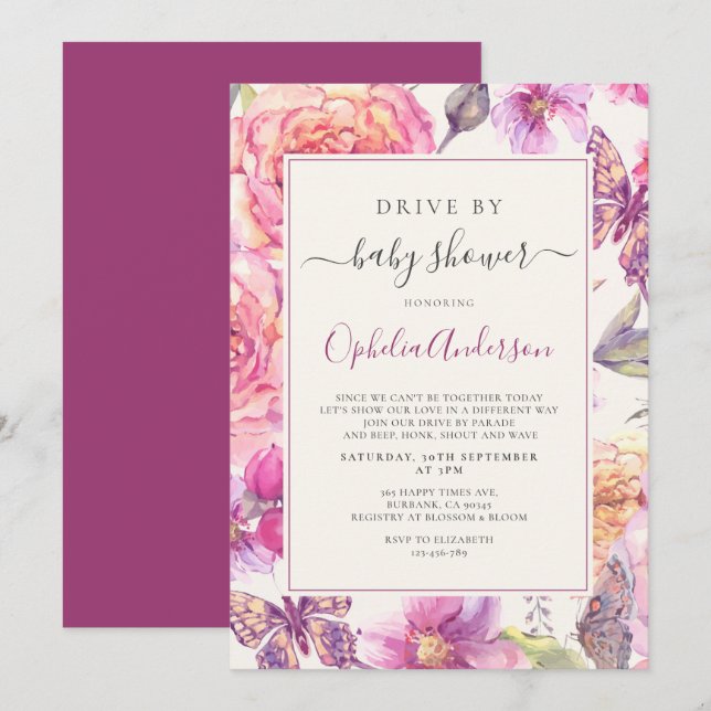 Floral Butterfly Drive By Baby Shower Invitation (Front/Back)