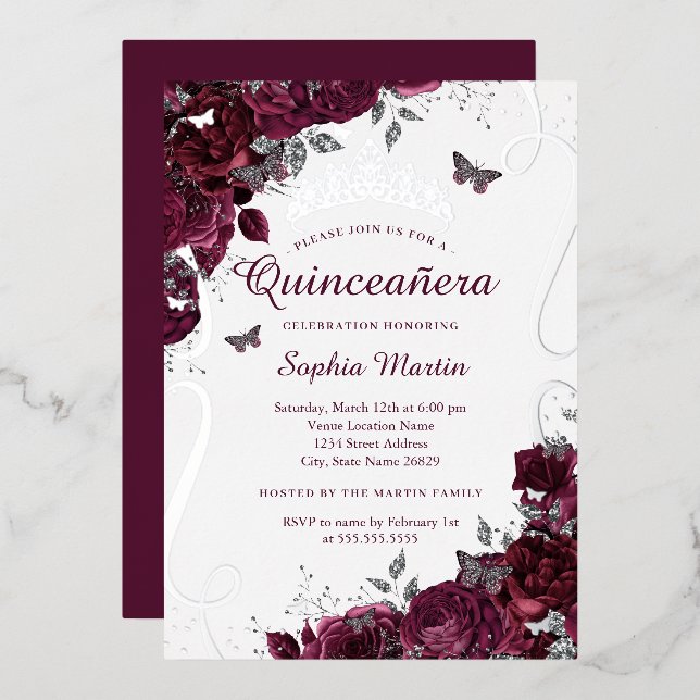 Floral Butterfly Elegant Burgundy Quinceanera (Front/Back)