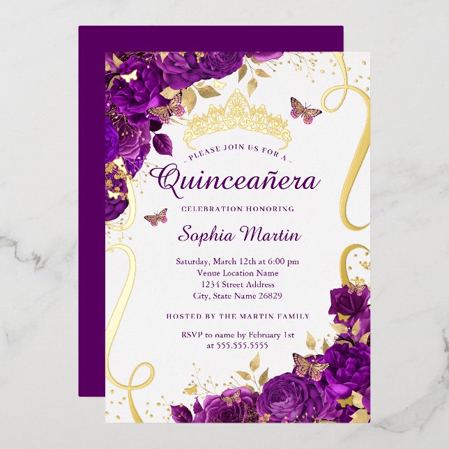 Floral Butterfly Elegant Purple Quinceanera  (Front/Back)