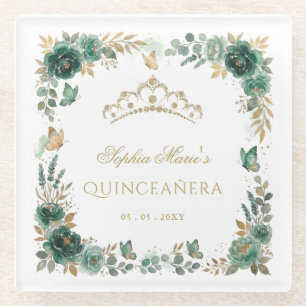 Floral Butterfly Emerald Gold Tiara Quinceañera Glass Coaster