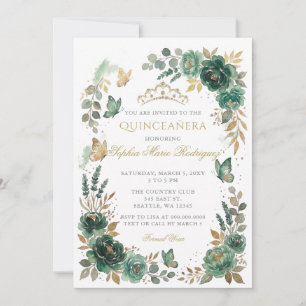 Floral Butterfly Emerald Gold Tiara Quinceañera Invitation