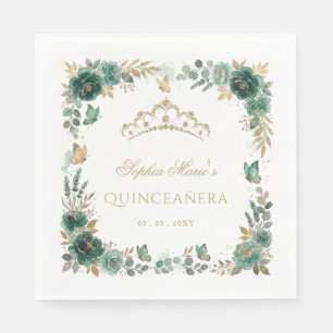Floral Butterfly Emerald Gold Tiara Quinceañera Napkin