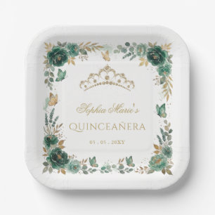 Floral Butterfly Emerald Gold Tiara Quinceañera Paper Plate