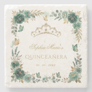 Floral Butterfly Emerald Gold Tiara Quinceañera Stone Coaster