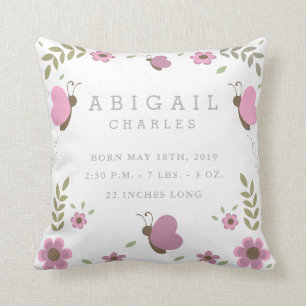 Floral Butterfly Garden Baby Stats Nursery Pillow