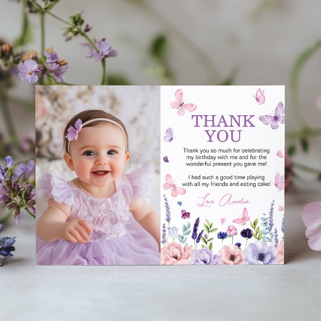 Floral Butterfly Garden Birthday Party Photo Thank You Card (Creator Uploaded)