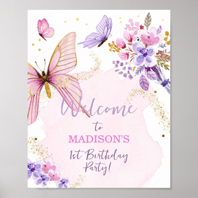 Floral Butterfly Garden Pink Girl Birthday Welcome Poster (Front)