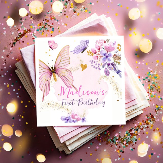 Floral Butterfly Garden Pink Purple Girl Birthday Napkin (Creator Uploaded)