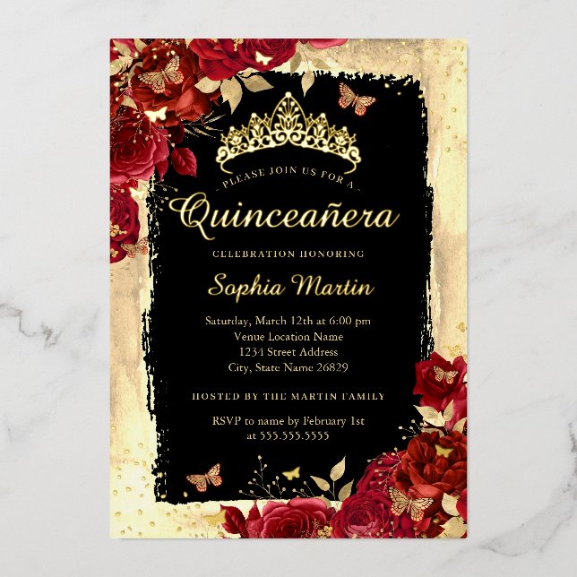 Floral Butterfly Gold Red Black Quinceanera (Front)