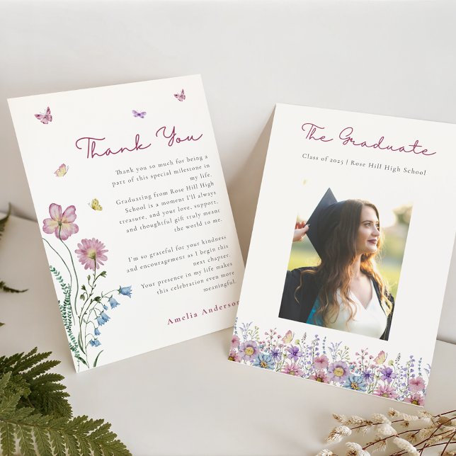 Floral Butterfly Graduation Photo Thank You Card (Creator Uploaded)