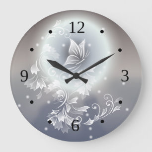Floral Butterfly Grey Blue Animal Fantasy Large Clock