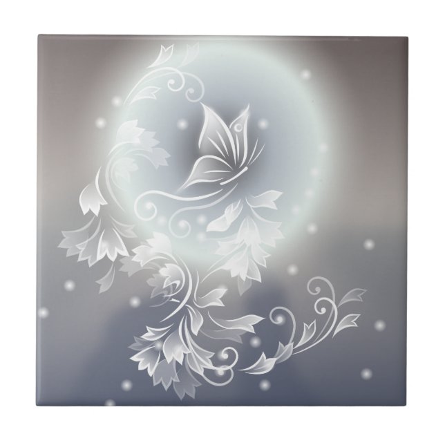 Floral Butterfly Grey Blue Animal Fantasy Tile (Front)