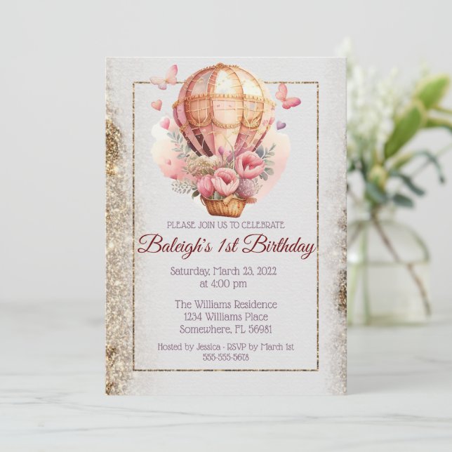 Floral Butterfly Hot Air Balloon Birthday Invitation (Standing Front)