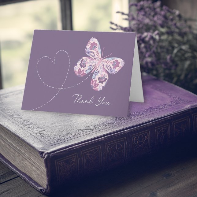 Floral Butterfly in Flight w/ Heart Note Card (Shown on a 4" x 5.6" folded note card)