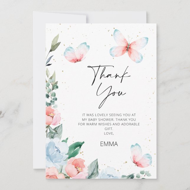 Floral Butterfly Kisses Baby Shower Thank You Card (Front)