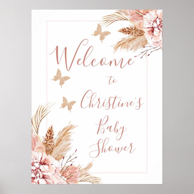 Floral Butterfly Kisses Baby Shower Welcome Sign (Front)