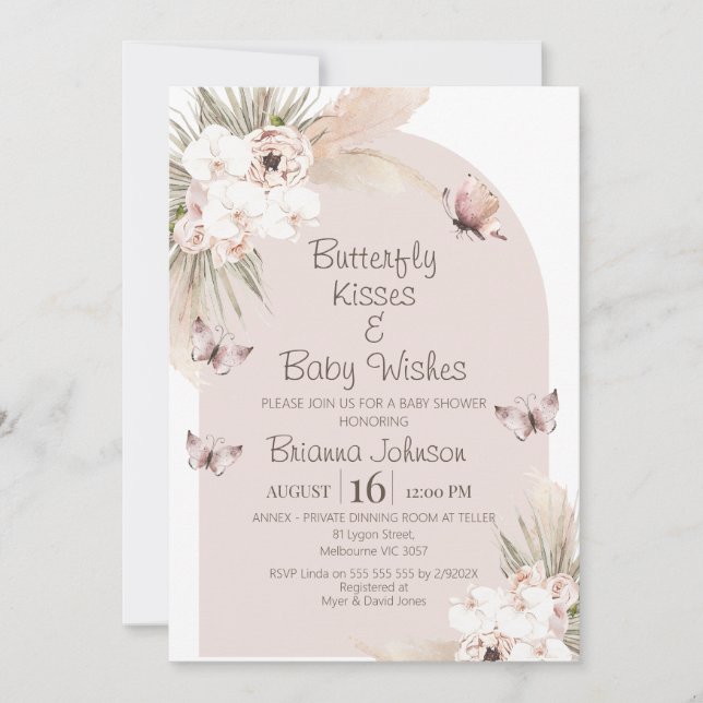 Floral Butterfly Kisses Baby Wishes Baby Shower Invitation (Front)
