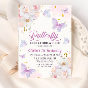 Floral Butterfly Kisses Purple Girl Birthday Invitation